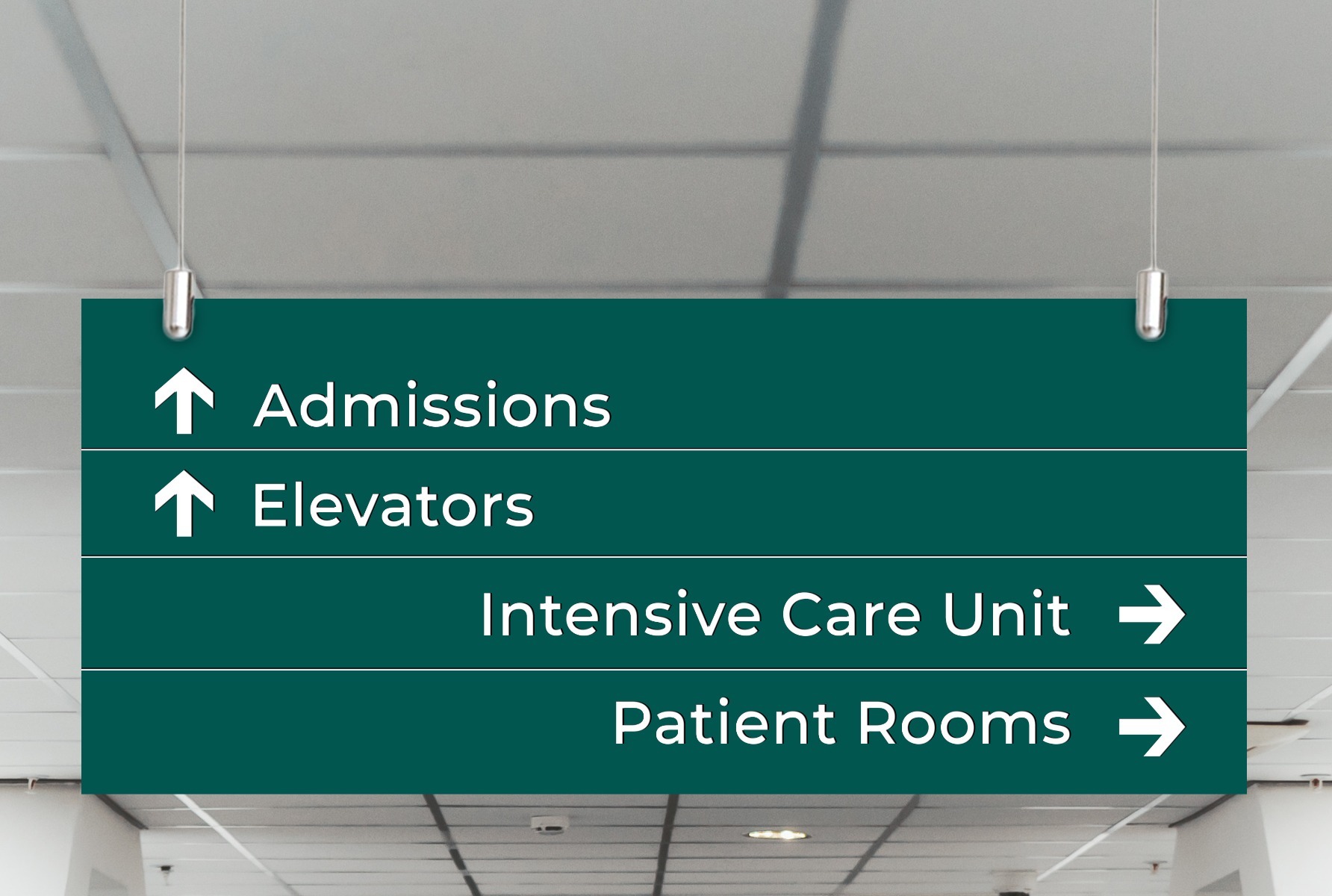 Drop Ceiling Wire Suspension Kit holding green hospital sign
