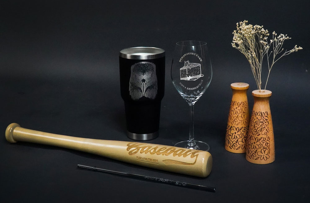 Flux Beambox Rotary 2.0 Bat, Tumbler, Wine Glass and Wooden Vase