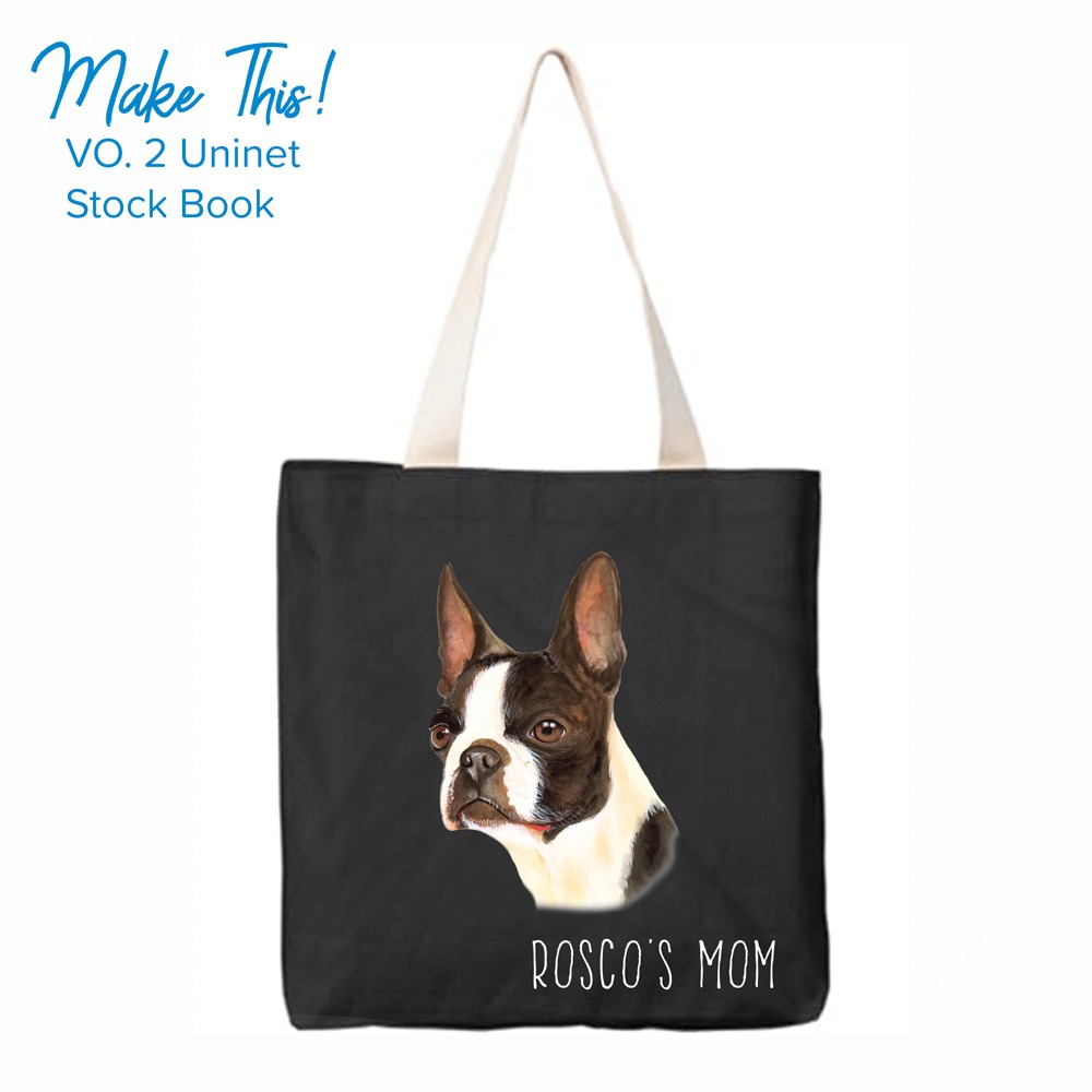 black tote with white handles with dog transfer design