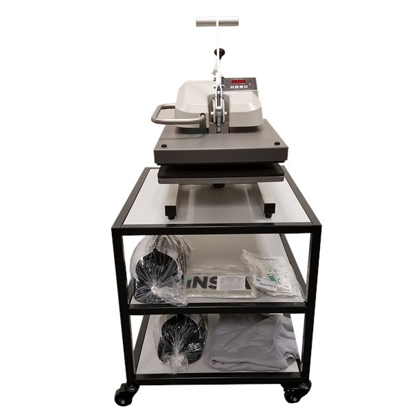wheeled black frame with white shelves Heavy-Duty Steel Cart with heat press on top and accessories on the shelves