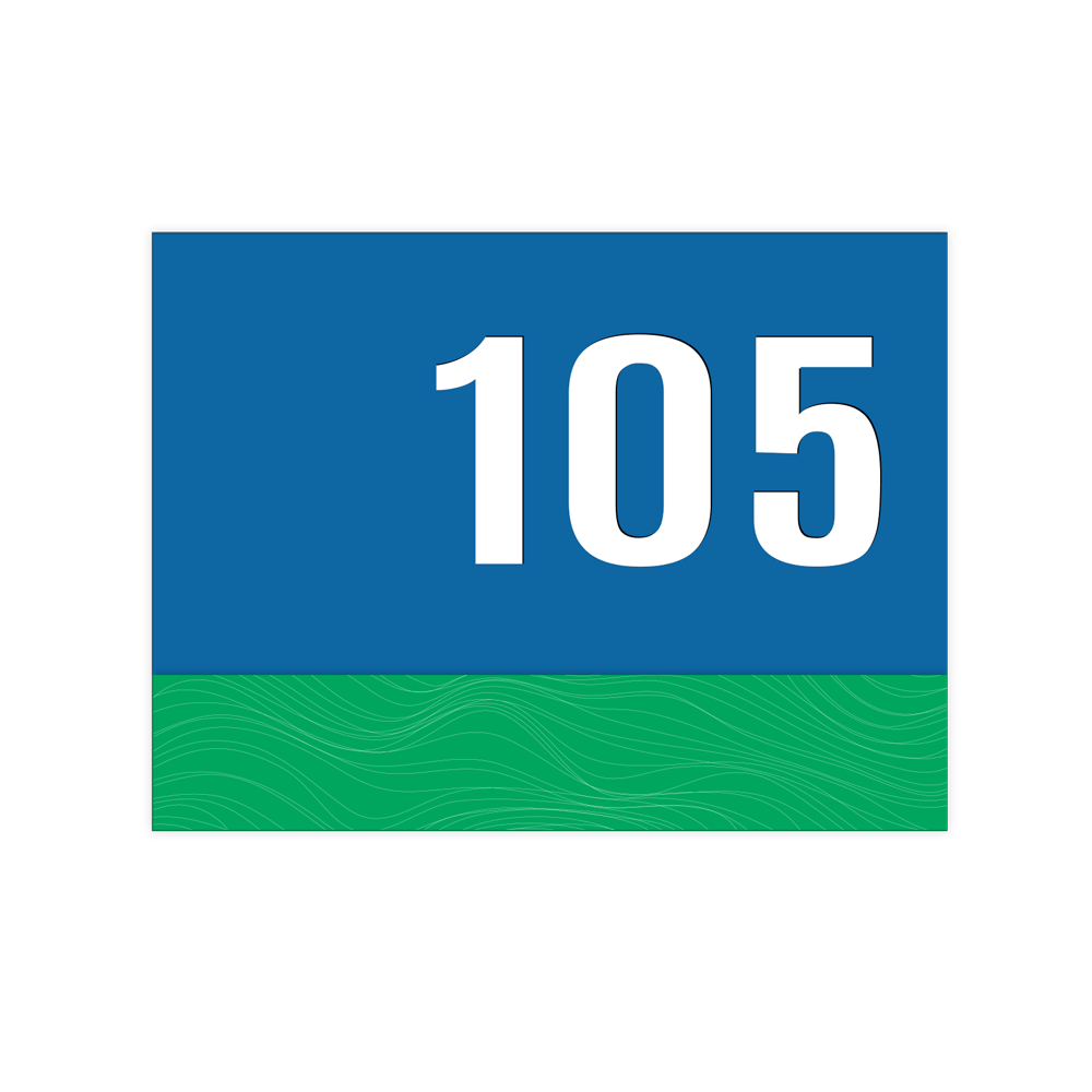 Blue and green room number sign