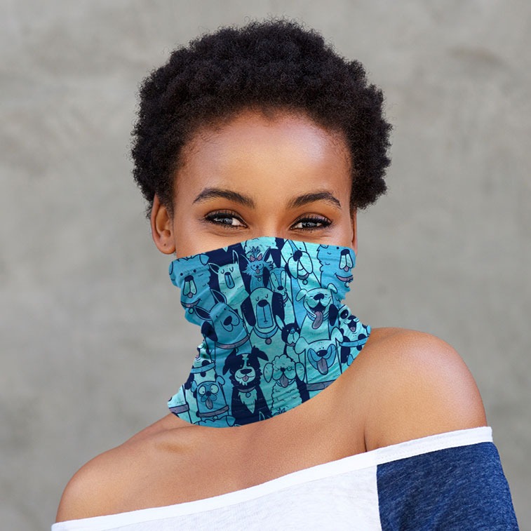 Woman wearing gaiter with dog design sublimated