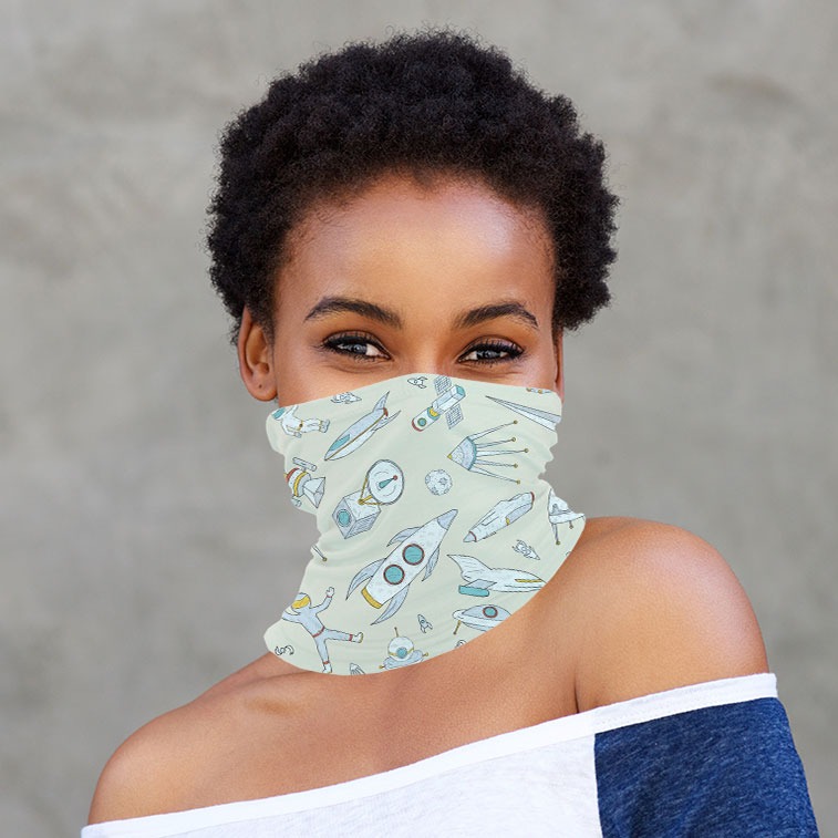 Woman wearing gaiter with space design sublimated