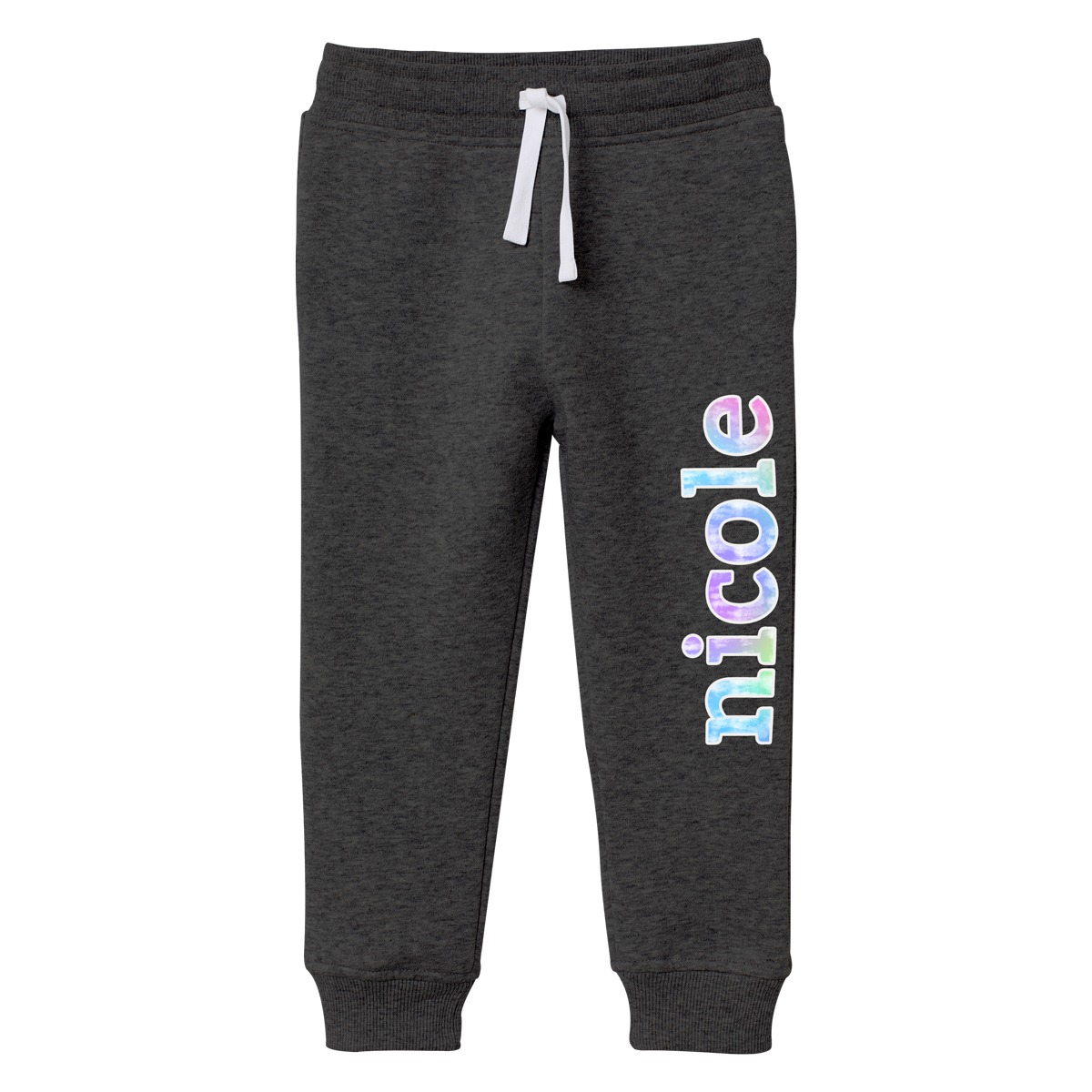 grey sweatpants printed with name on the leg