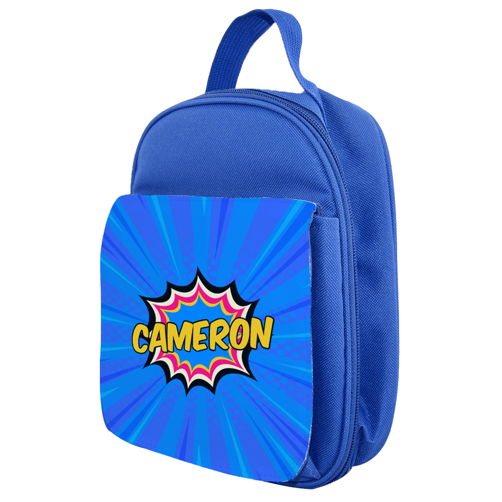 Blue kids lunch bag with Cameron design sublimated