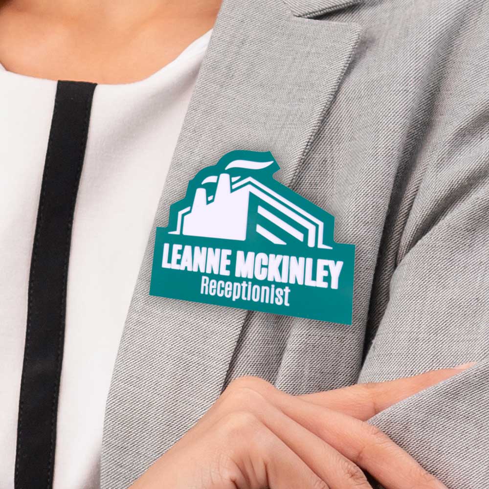 Woman wearing receptionist nametag