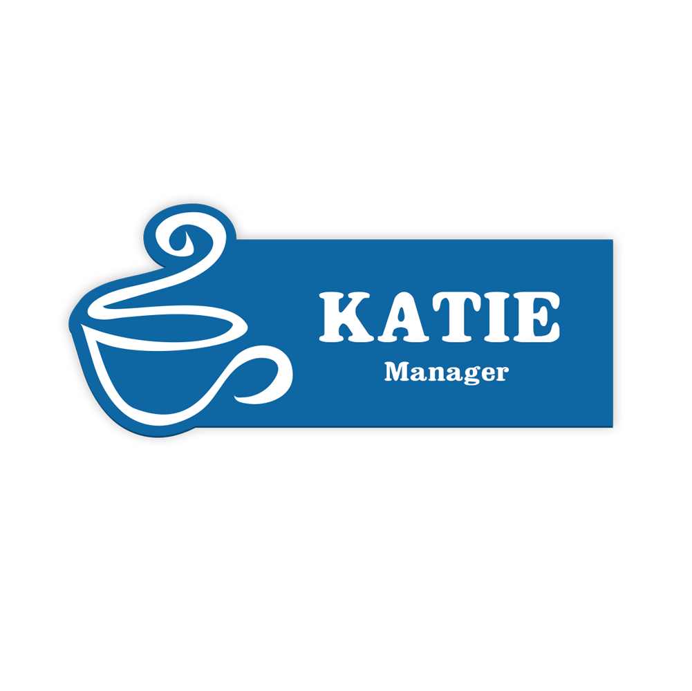 blue engraved nametag with coffee cup graphic