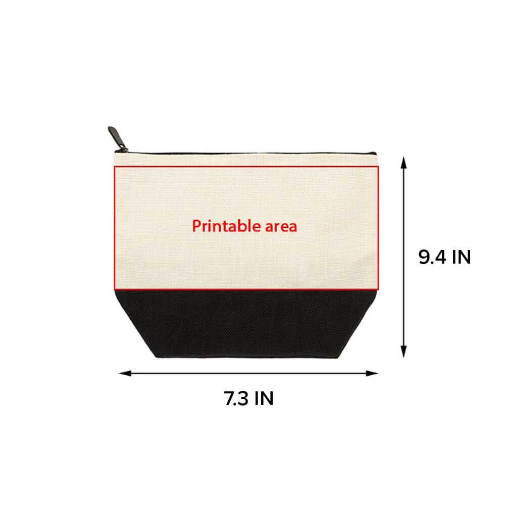 A black and white triangular shaped pouch with a zipper, with dimensions 7.3 inches in width and 9.4 inches in height. The pouch has a red outlined rectangle on the front with the text "Printable area" written inside it.