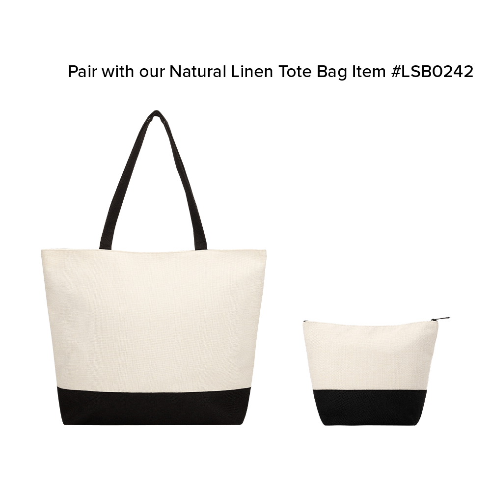 Beige and black natural linen tote bag and matching accessory pouch with black handles, displayed against a striped background with text "Pair with our Natural Linen Tote Bag Item #LSB0242"
