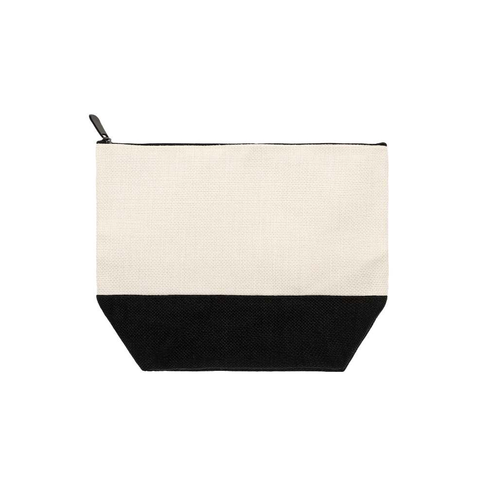 A small linen pouch with a black bottom and natural beige top, with a silver zipper closure.