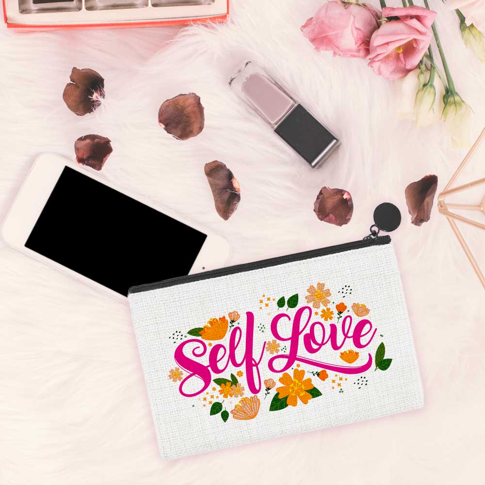 Linen zipper bag with phone, nail polish and flowers