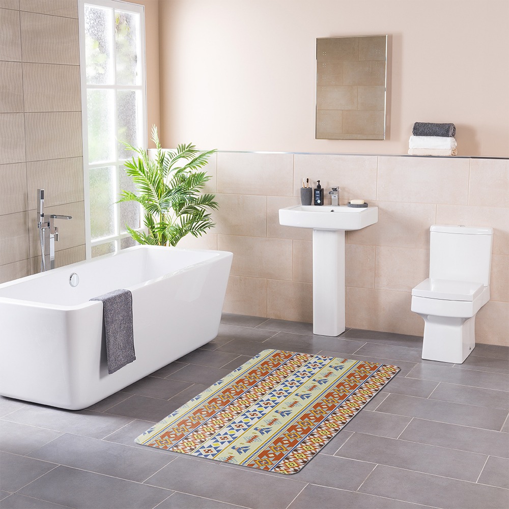 Looped floor mat beside tub