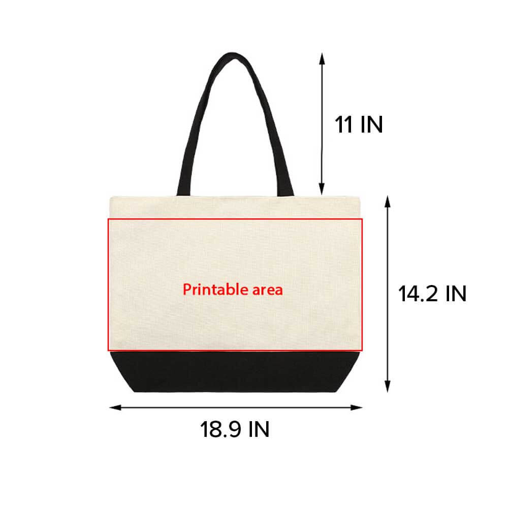 A cream-colored tote bag with a black bottom and black handles, with a red outline showing the printable area, and dimensions labeled as 11 inches in height, 14.2 inches in width, and 18.9 inches in length.