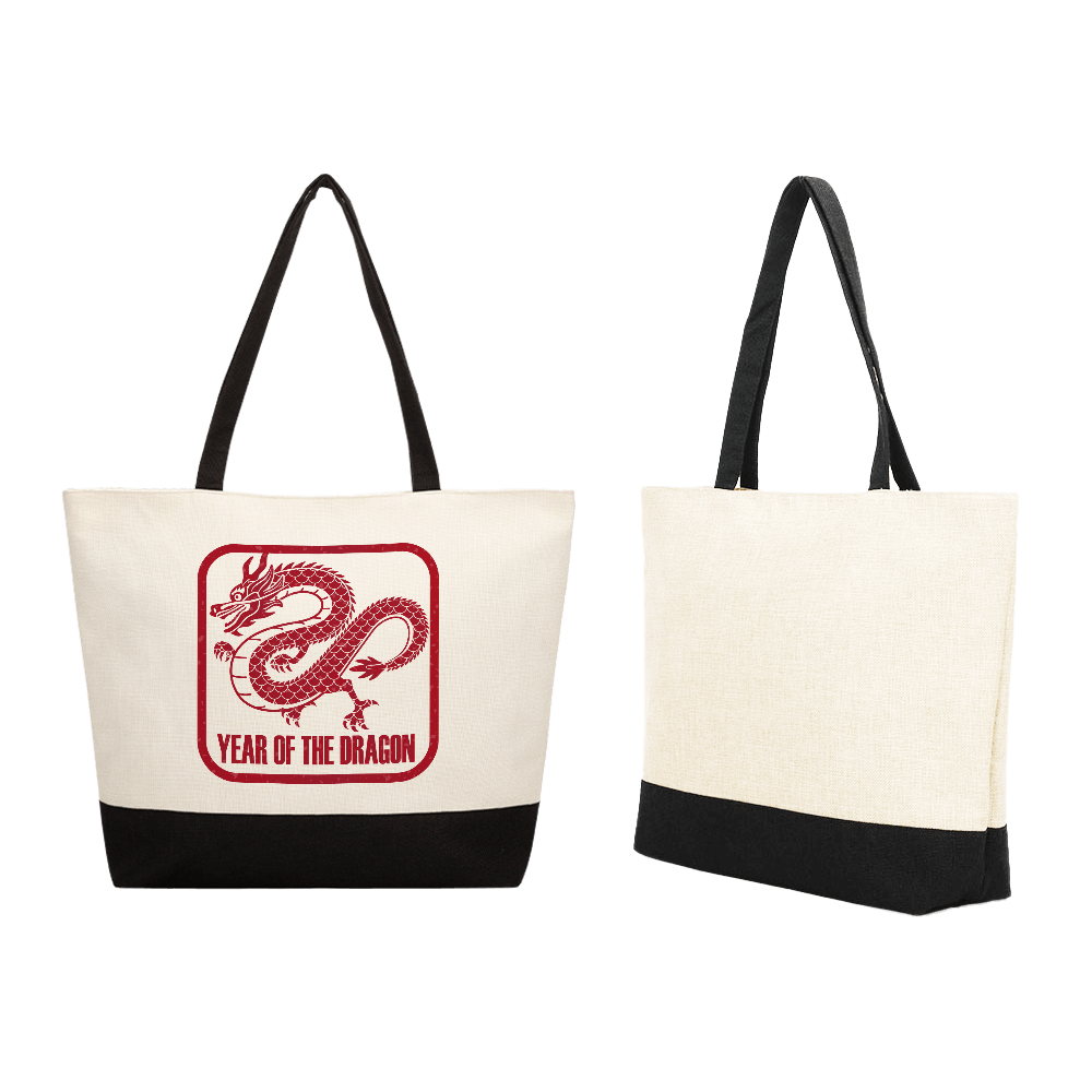 Two linen tote bags with black handles and bottom trim. One tote bag has a red emblem with a dragon and the words "Year of the Dragon" printed on the front.
