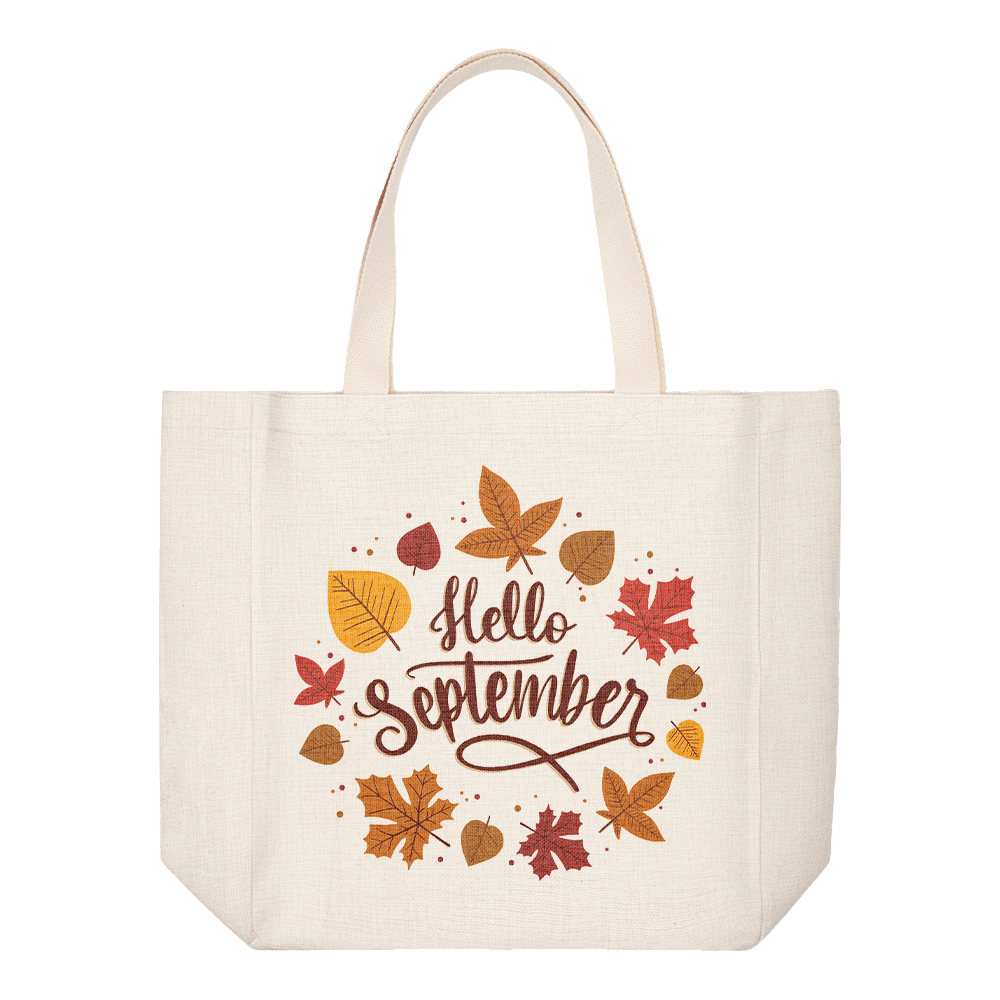 Linen tote bag with Hello September design