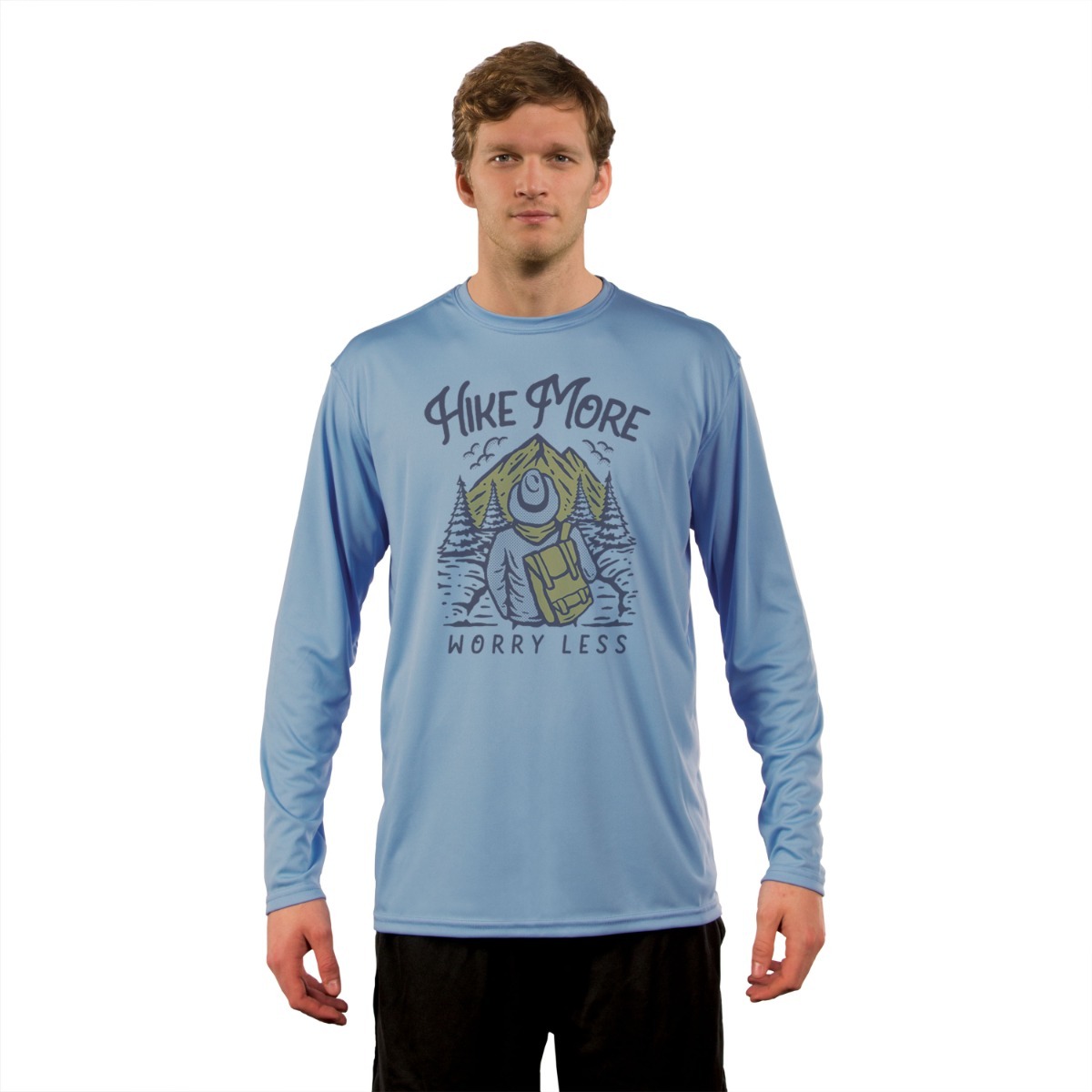 Man wearing blue long sleeve shirt printed with hiking theme