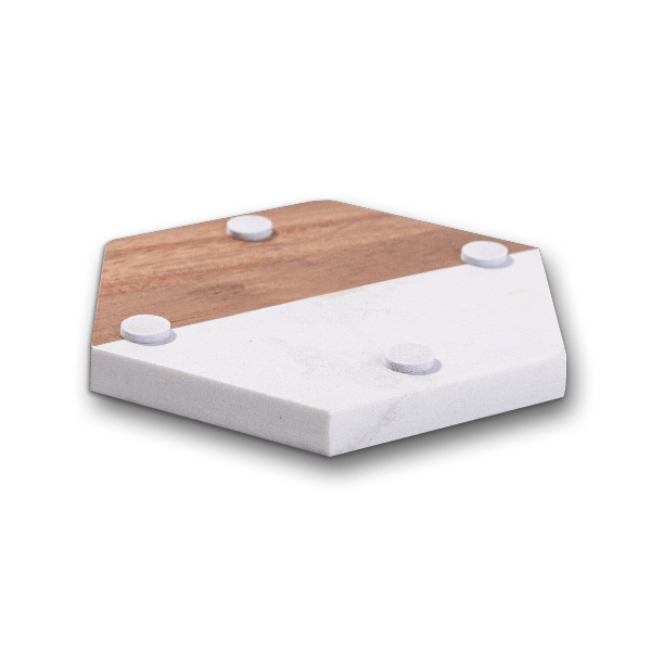 hexagon white marble and acacia wood coaster bottom view