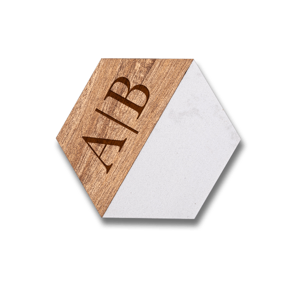 customized hexagon white marble and acacia wood coaster