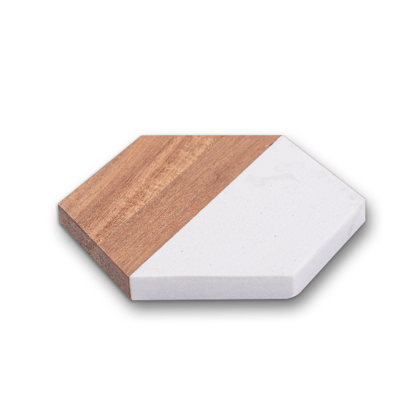 hexagon white marble and acacia wood coaster