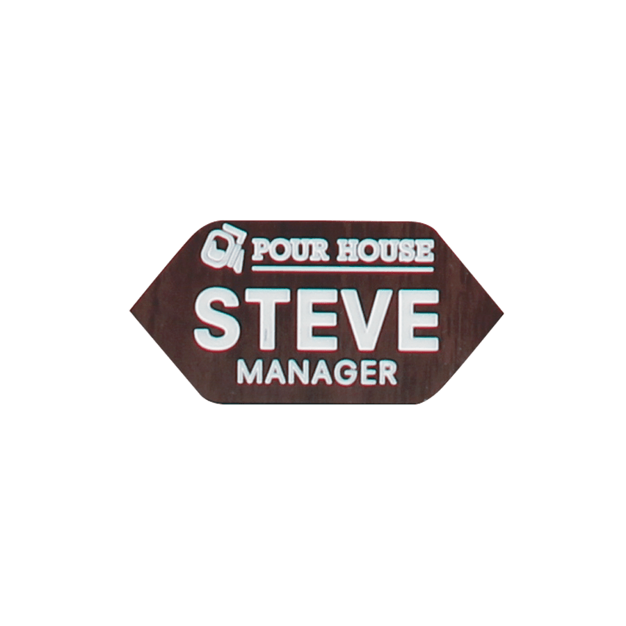 brown and white coffee name badge