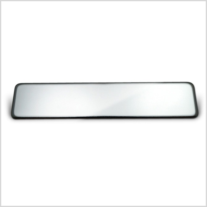 front of chrome metal name badge with clutch