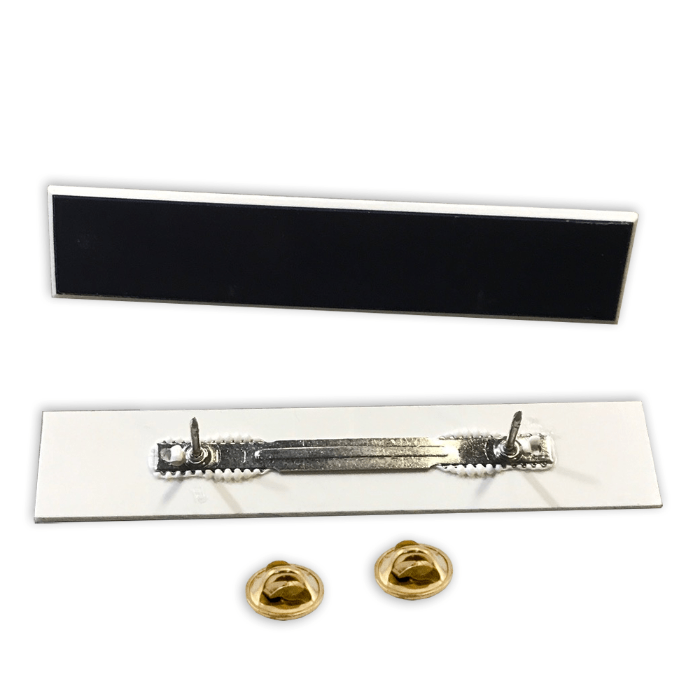Textured Black/White 1" x 3" Military Name Badge with double post bar and brass clutches