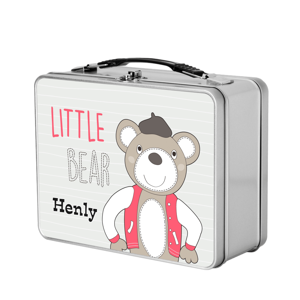 A silver rectangular lunchbox with a cartoon image of a bear wearing a red vest with the words "LITTLE BEAR" in pink and "Henly" in black printed on the front.