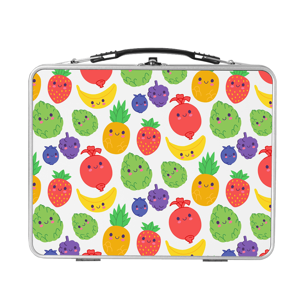 A colorful suitcase with a pattern of cute cartoon fruits with faces, including strawberries, bananas, pineapples, blueberries, and apples.
