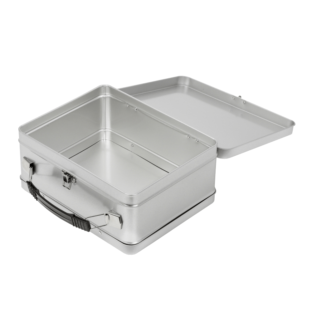 A silver metal briefcase with an open lid showing the empty interior.