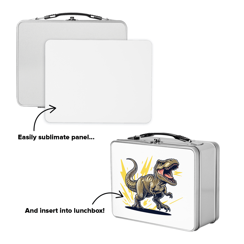 Metal lunchbox with a customizable sublimation panel featuring a roaring dinosaur design.