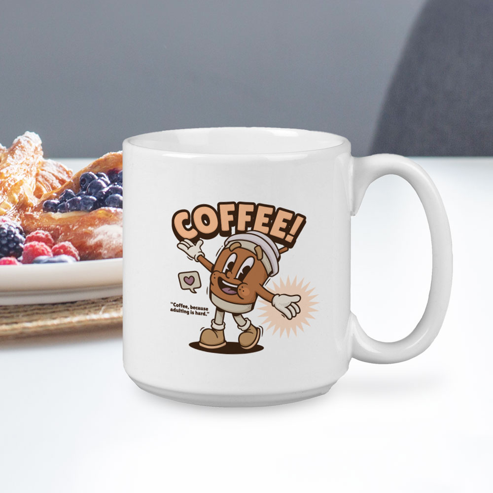 Coffee mug on table by pastries