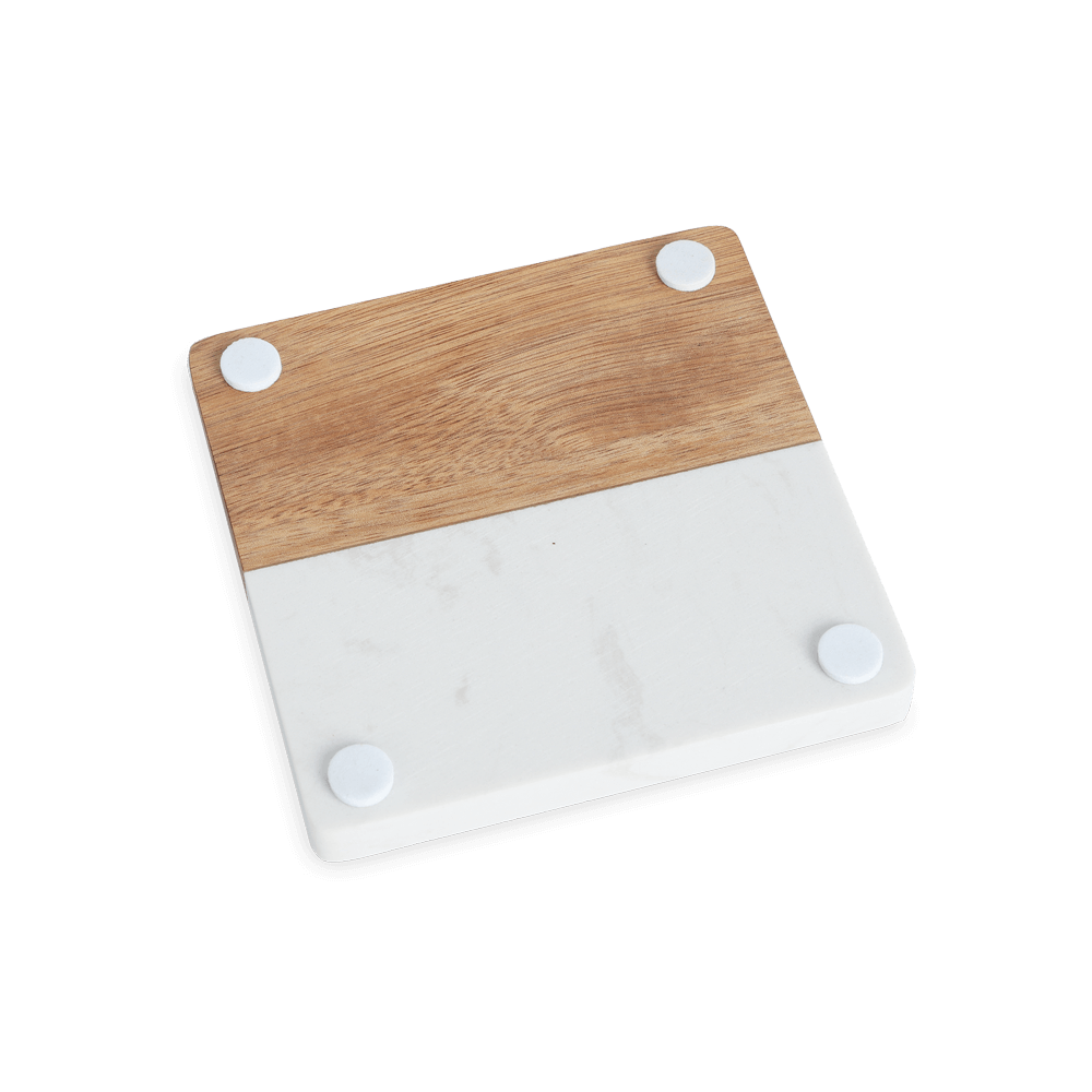 Back side of square marble and wood coaster with radius corners