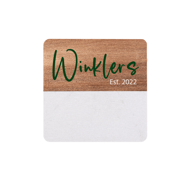 Square marble and wood coaster with radius corners UV-LED printed with name "Wrinklers"
