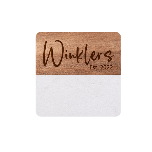 Square marble and wood coaster with radius corners engraved with name "Wrinklers"