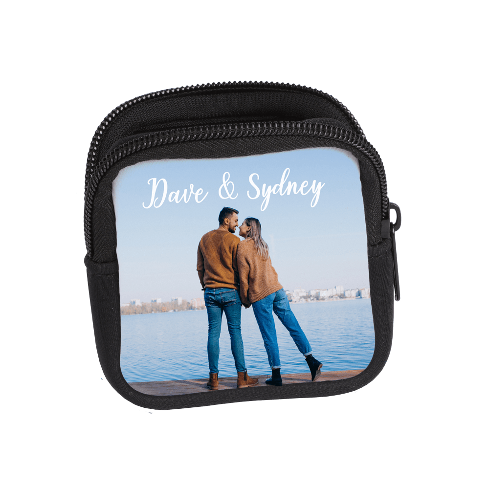 black zipper pouch printed with couple on it