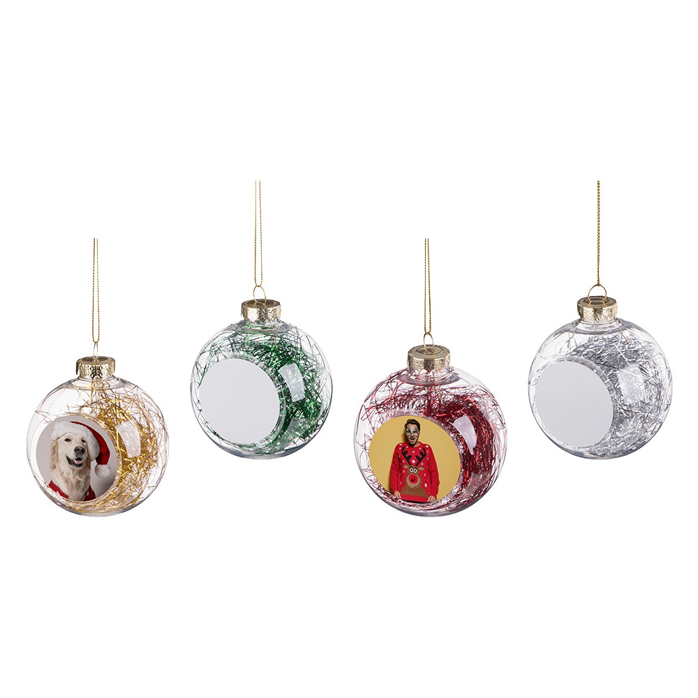 4 clear Plastic Christmas Ball Ornament w/ Gold String and white round metal inserts. One with dog in santa hat, one with guy in rudolph sweater and two blank