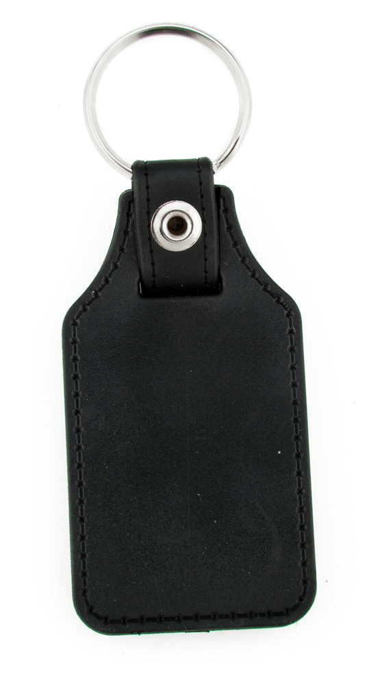back of the silver rectangle keychain with black leather backing