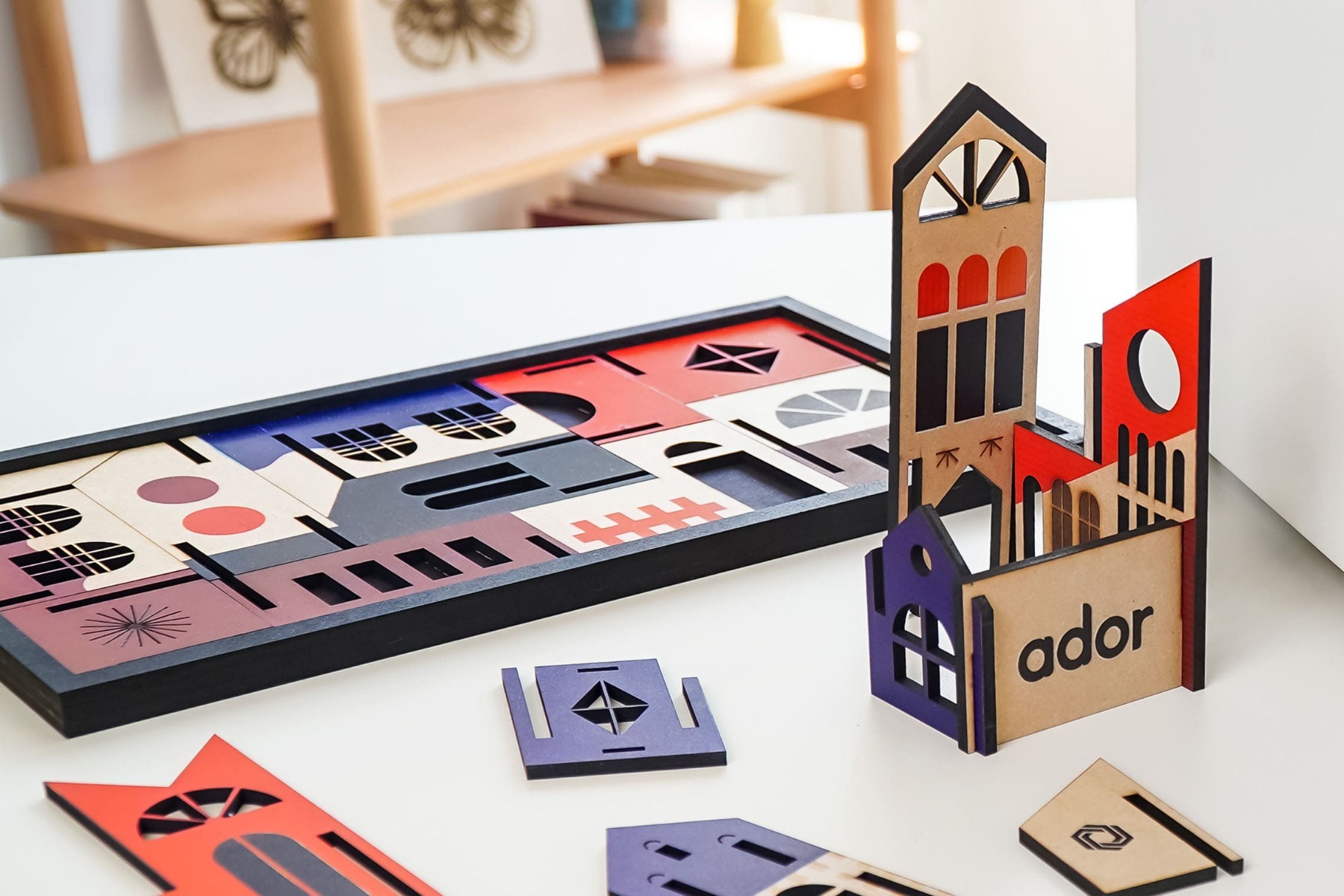 Cut wood building pieces assembled