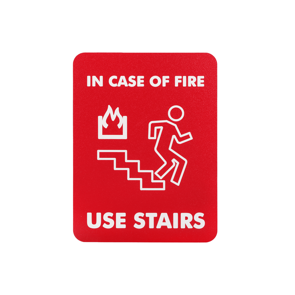 red and white in case of a fire use stairs sign