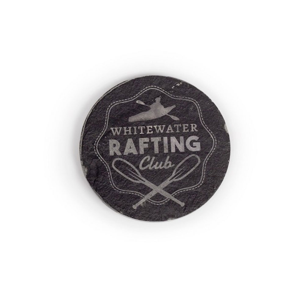 Round slate coaster with white water rafting logo 
