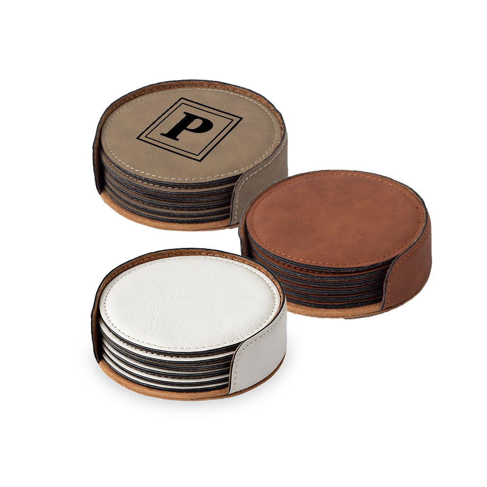 Group of round faux leather coaster sets
