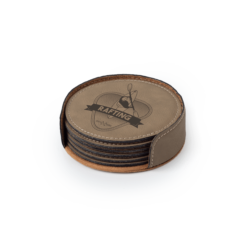 set of 6 personalized faux leather coasters in holder color buckskin
