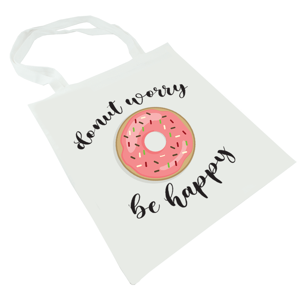 white canvas bag printed with a donut saying
