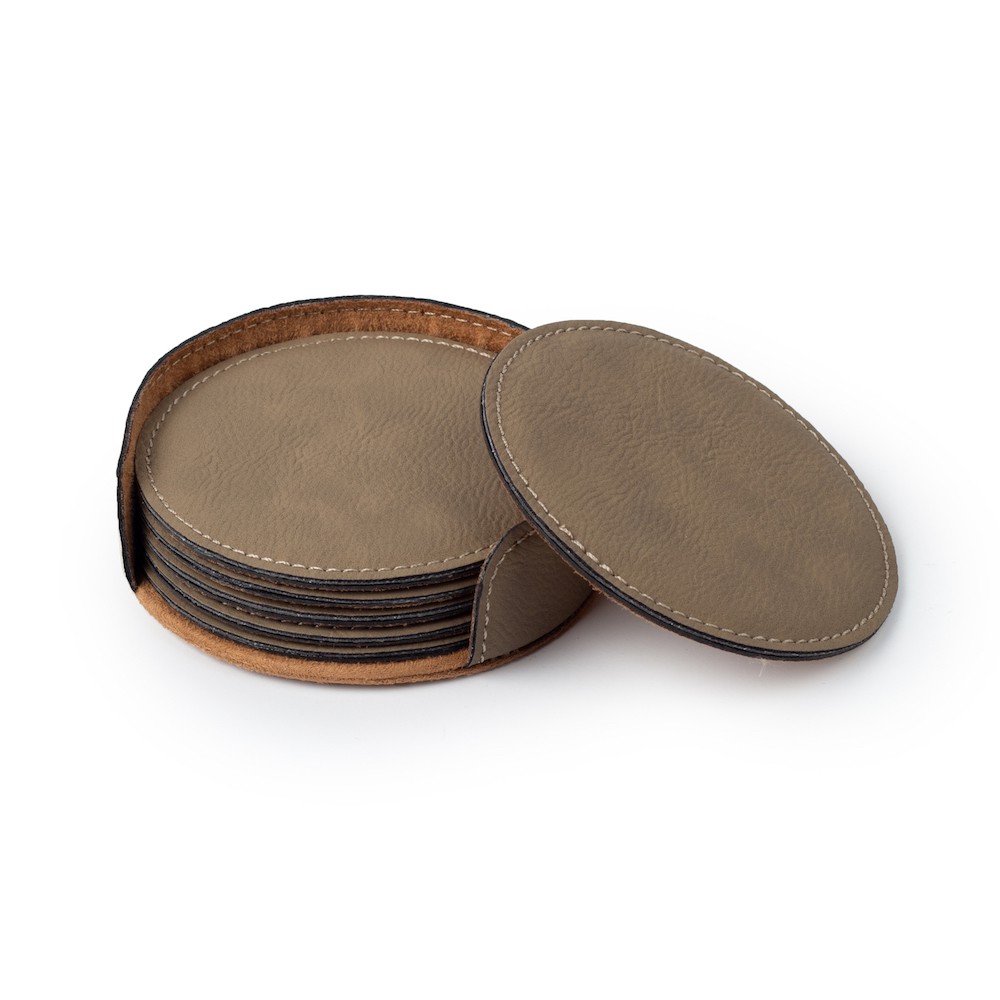 set of 6 blank faux leather coasters in holder color buckskin
