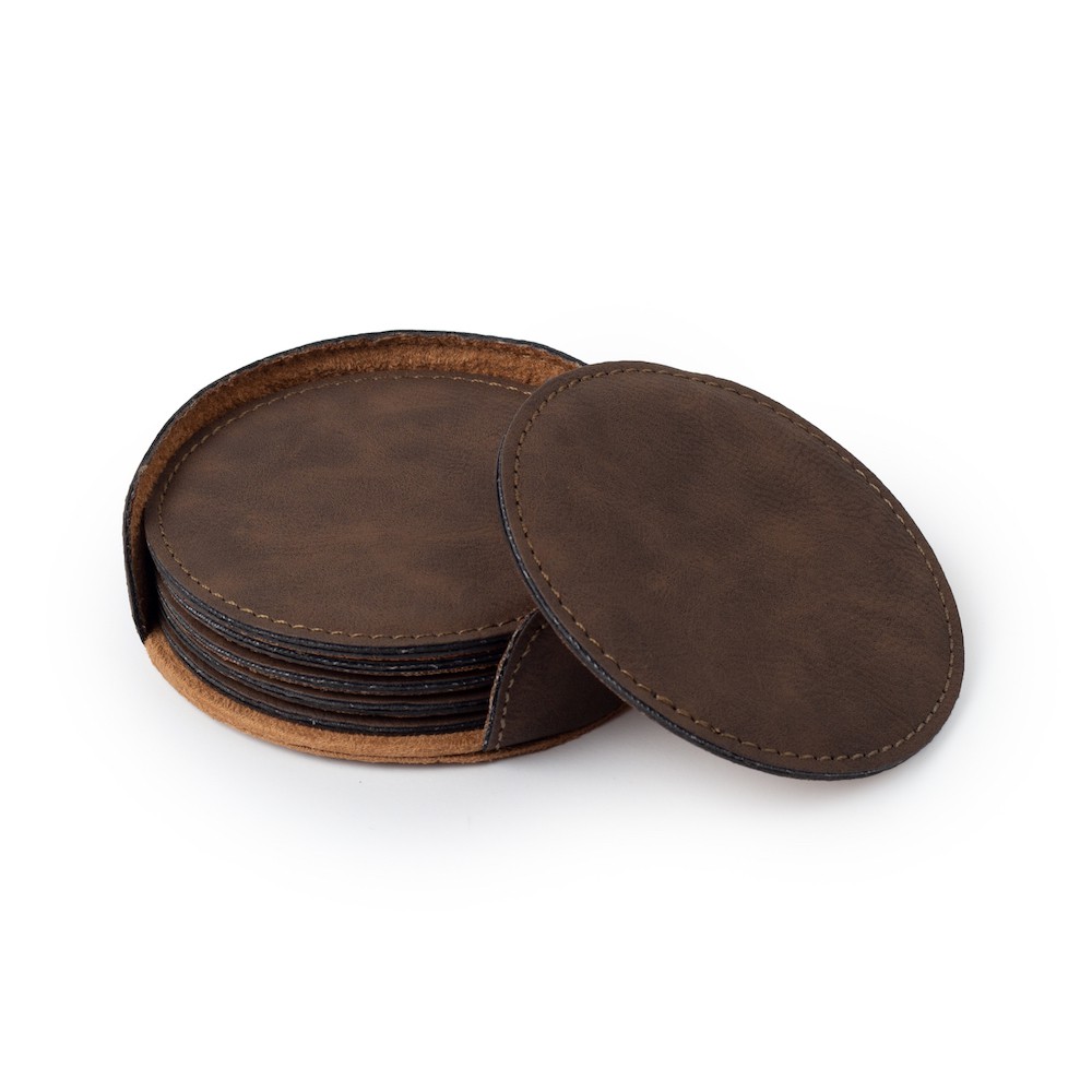 set of 6 blank faux leather coasters in holder color bay brown