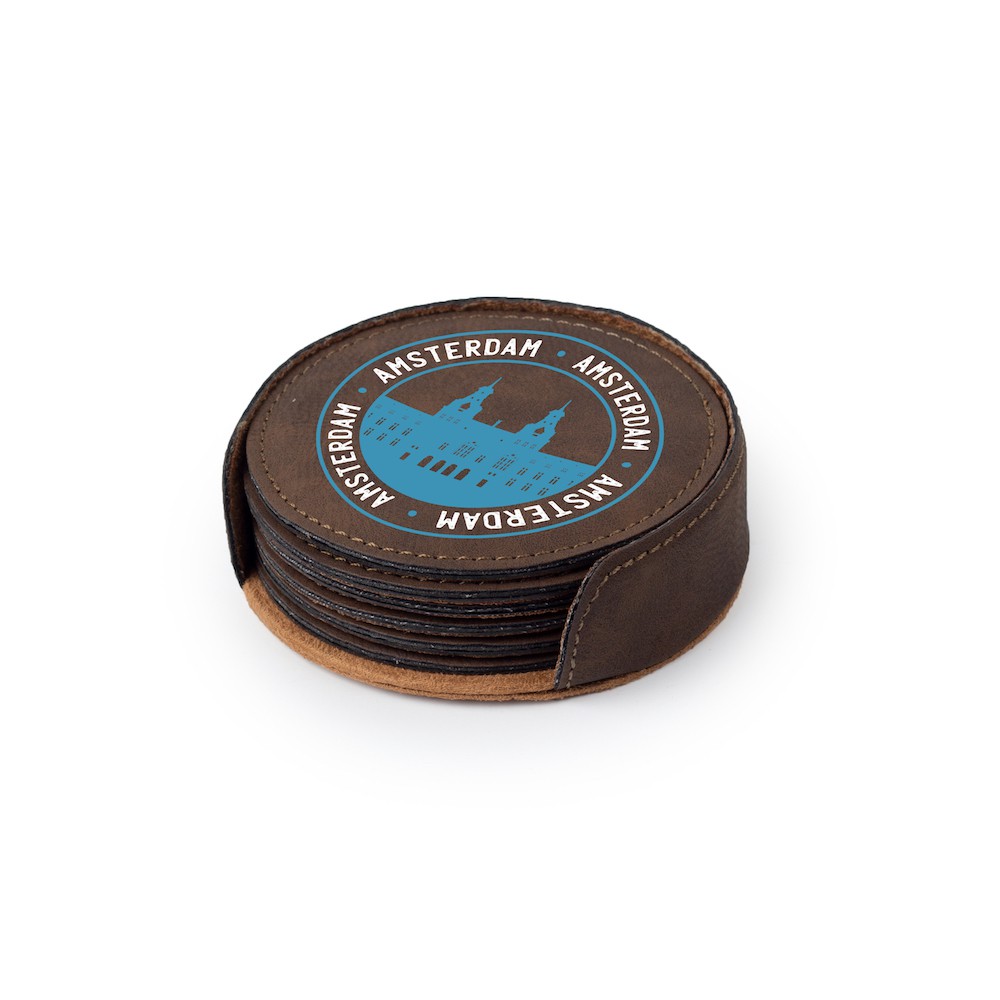 set of 6 personalized faux leather coasters in holder color bay brown