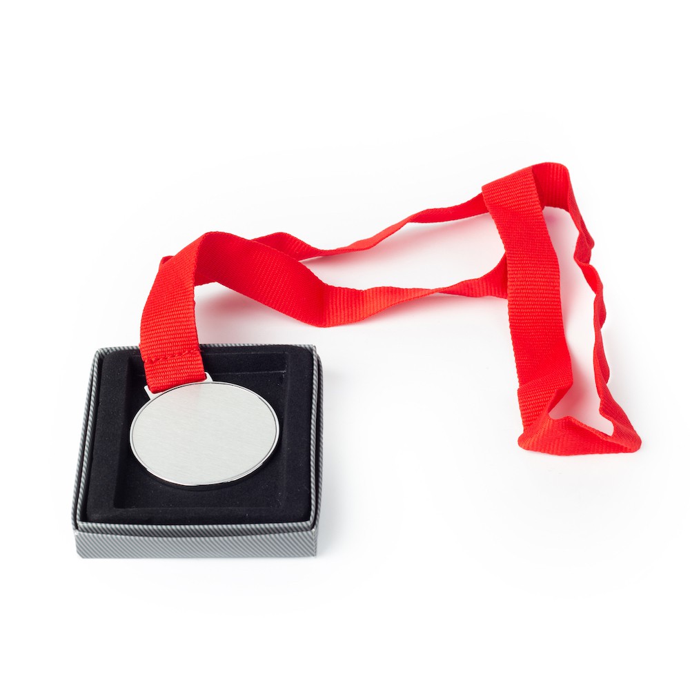 Silver Medal with Red Lanyard with Sublimatable Insert in the box
