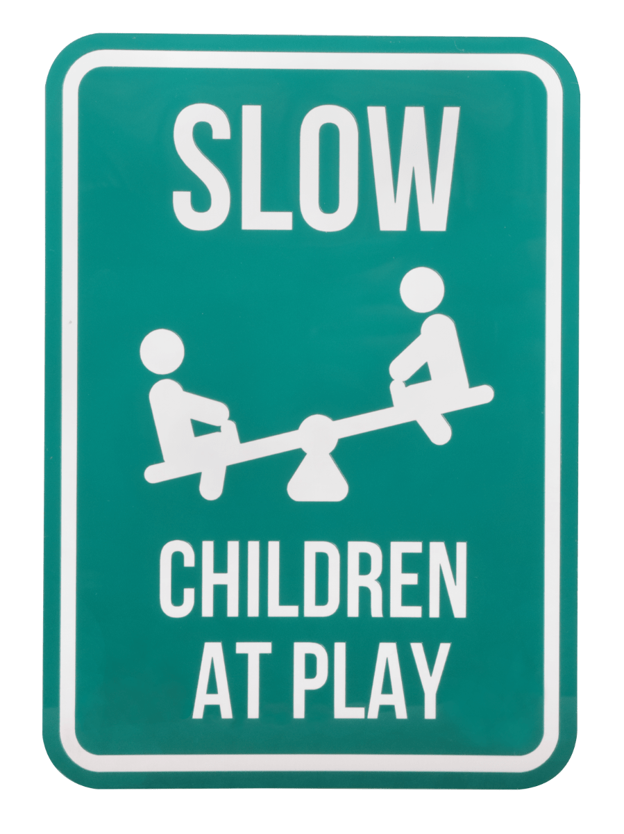 green/white slow children at play sign with two children on seesaw