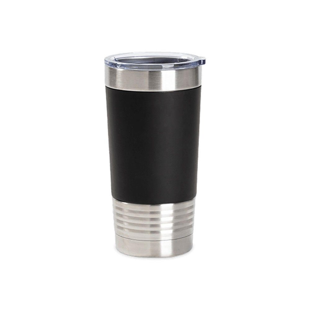 20oz stainless steel tumbler with black silicone sleeve
