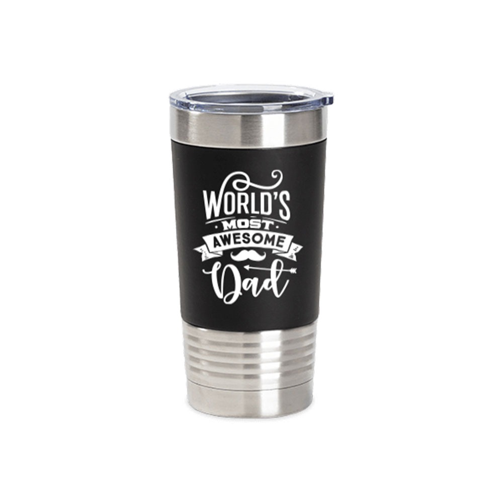 20oz stainless steel tumbler with black silicone sleeve with world's most awesome dad

